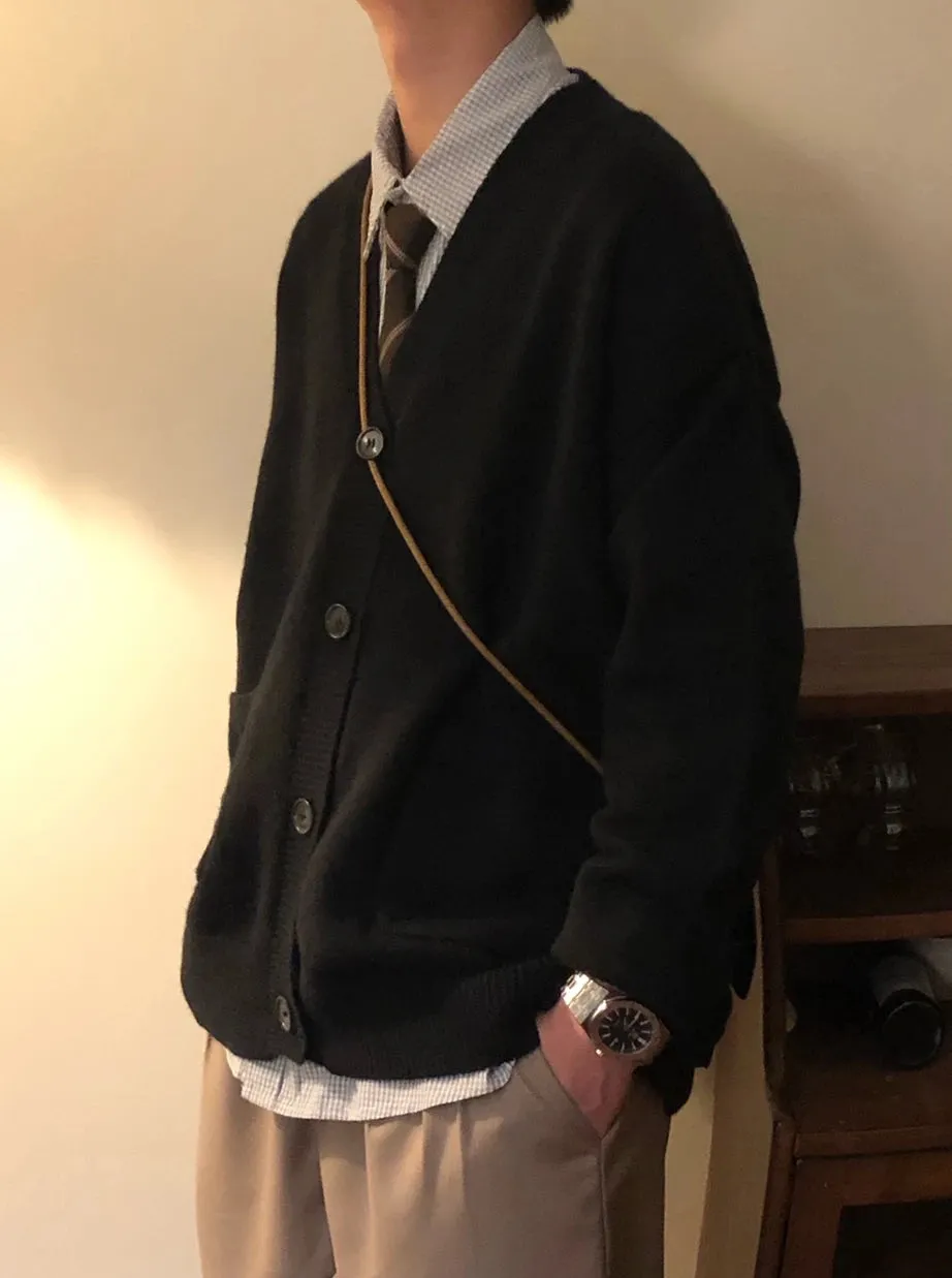1pc Cardigans Men Retro Simple Streetwear Autumn Winter Warm V-neck Solid Pocket Popular American Style Male Knitting Casual Daily