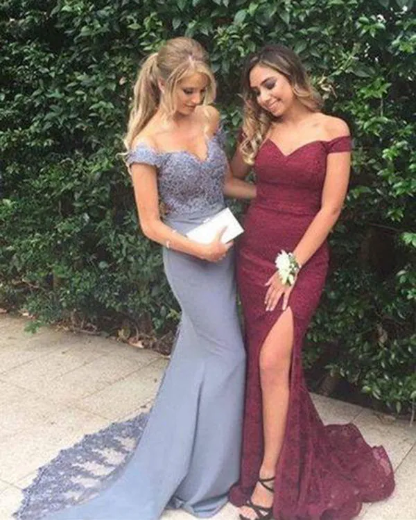 2018 Burgundy Mermaid Prom Dresses with Split Side Sexy Party Gowns