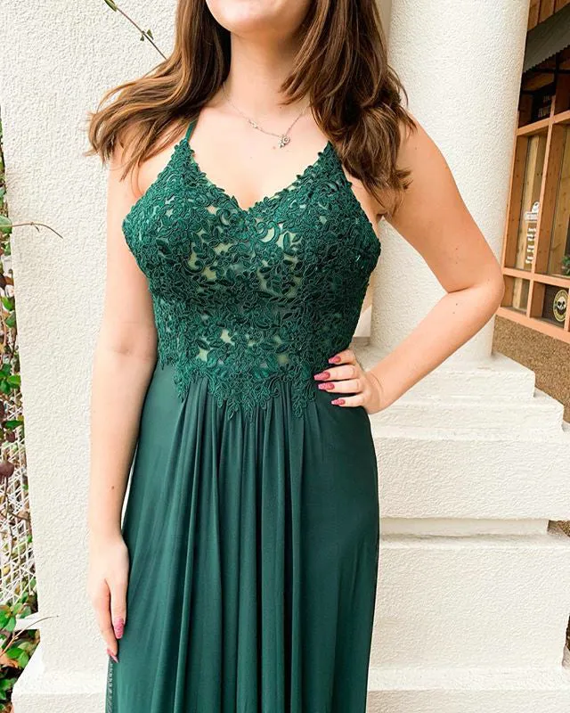 2019 Dark Green A-line Prom Dresses with Lace Appliques Long Prom Party Gowns Backless