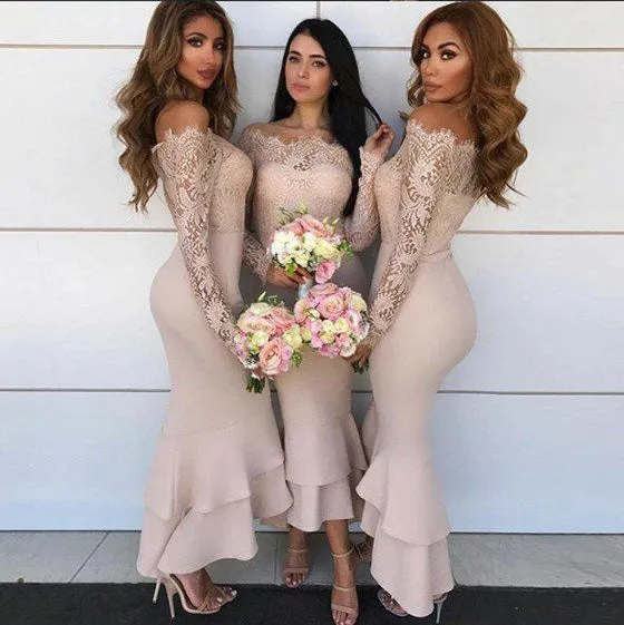 2019 Off The Shoulder Mermaid Lace Bridesmaid Dresses Full Sleeve Party Dress