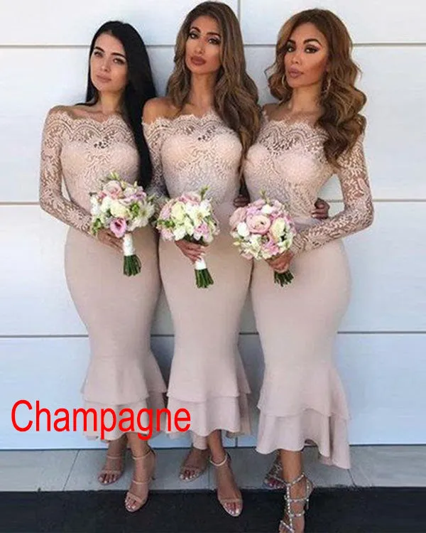 2019 Off The Shoulder Mermaid Lace Bridesmaid Dresses Full Sleeve Party Dress