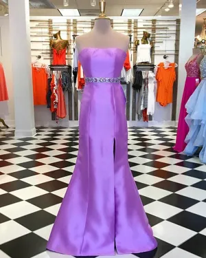 2019 Sexy Mermaid Purple Prom Dresses with Belt Beaded Long Prom Gowns with Split Side