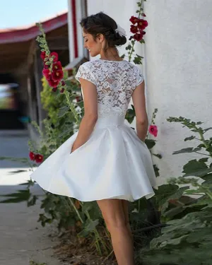 2020 Short Wedding Dresses with Lace Jacket Summer Beach Satin Wedding Gowns Pockets