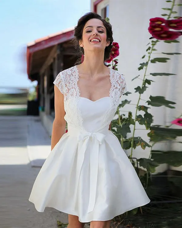 2020 Short Wedding Dresses with Lace Jacket Summer Beach Satin Wedding Gowns Pockets