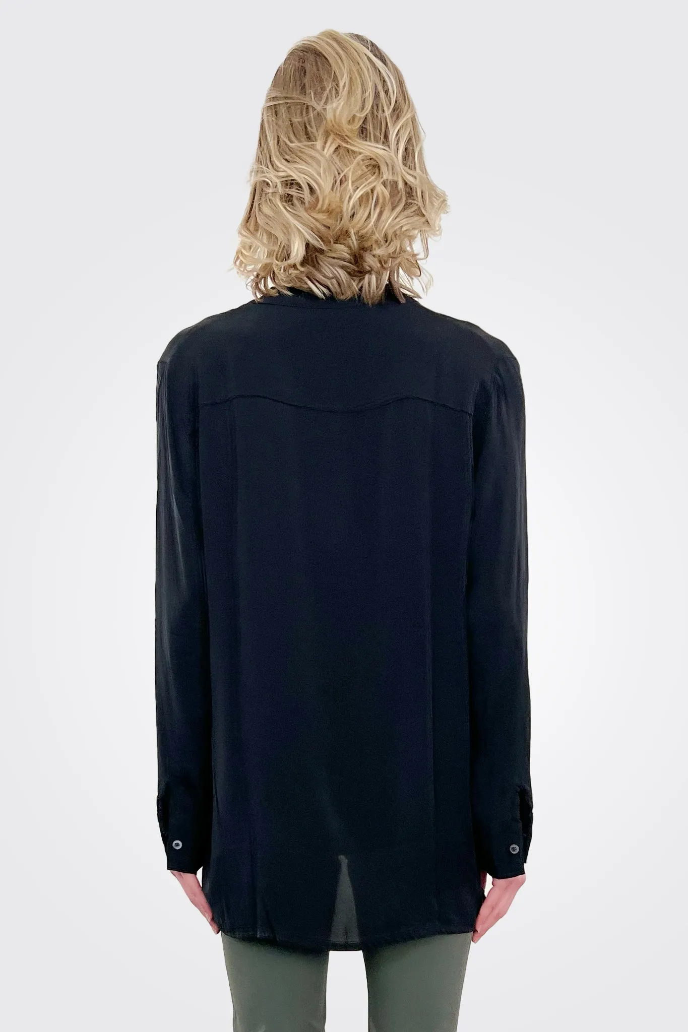 3/4 Button Down Silk Blouse - Black