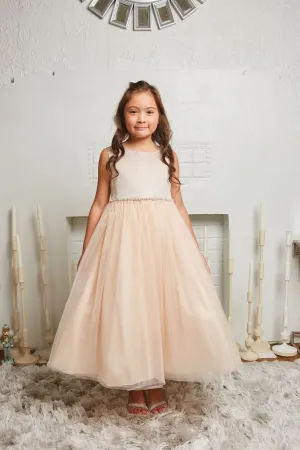 538-G- Satin Top Dress w/ Wavy Rhinestone & Pearl Trim