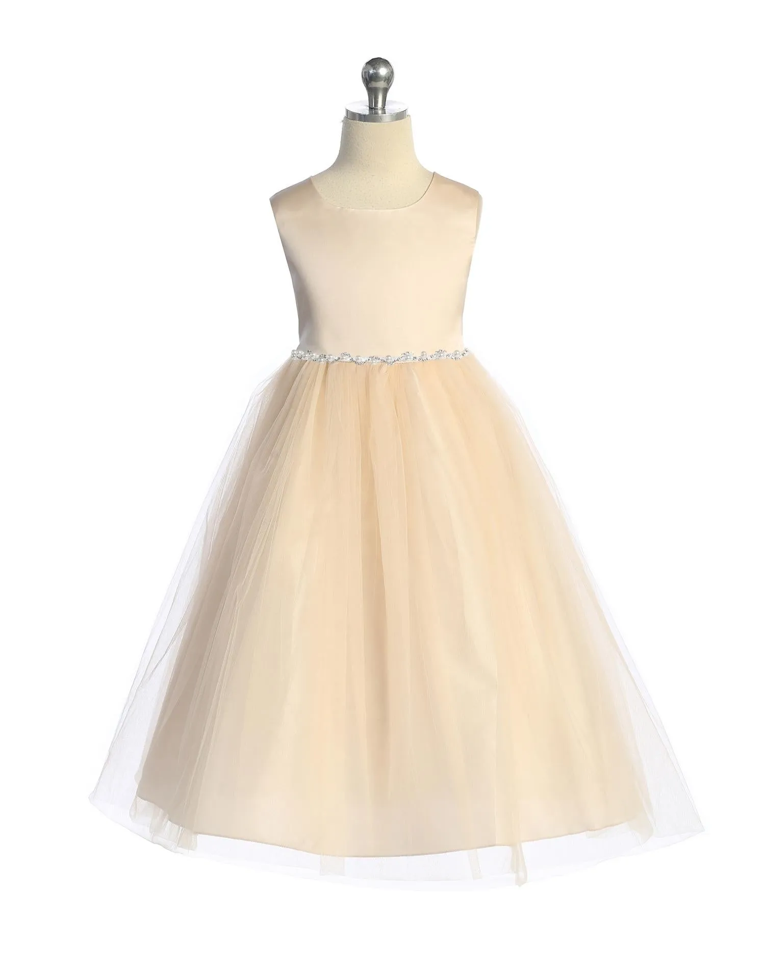 538-G- Satin Top Dress w/ Wavy Rhinestone & Pearl Trim