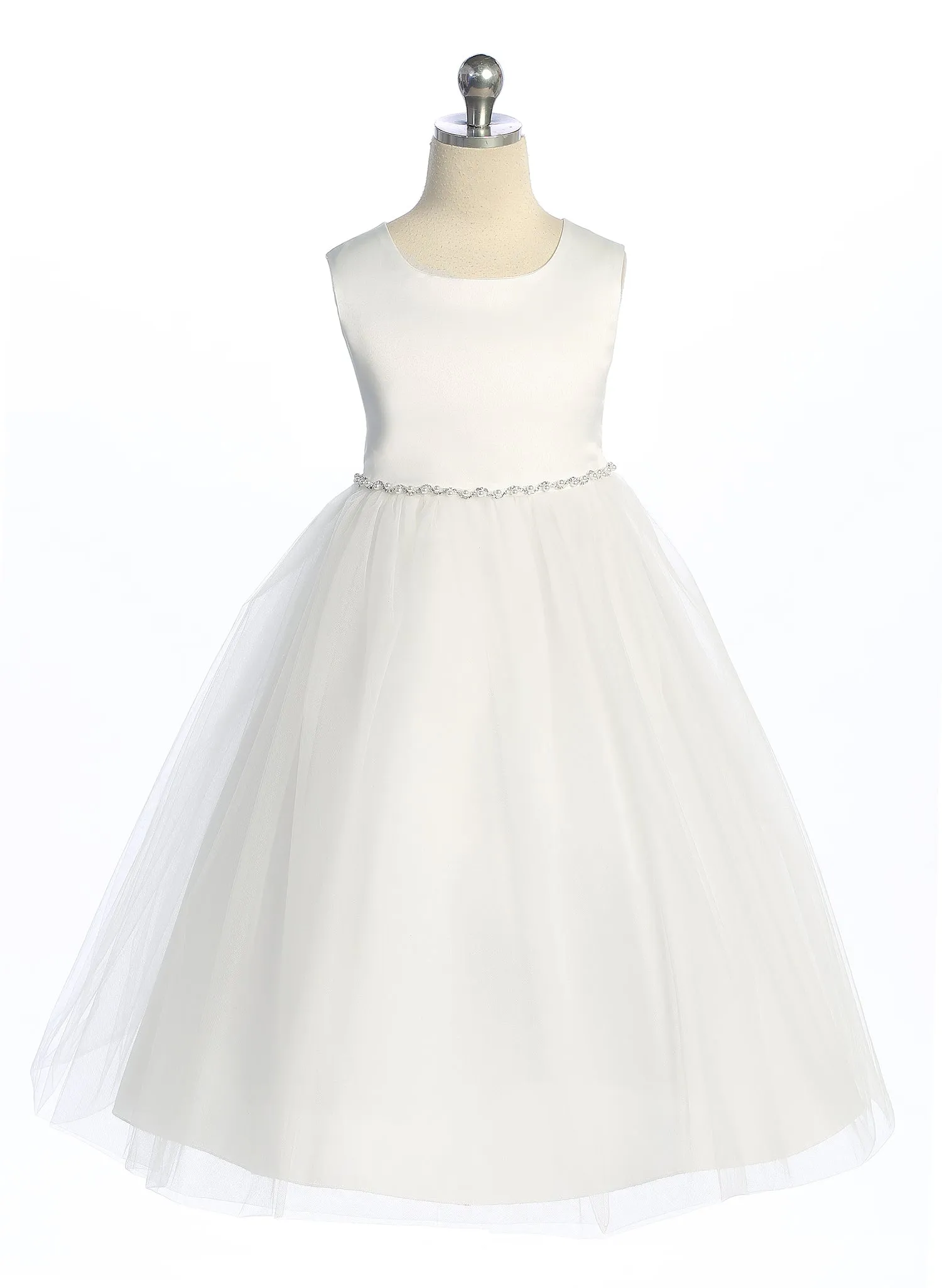 538-G- Satin Top Dress w/ Wavy Rhinestone & Pearl Trim