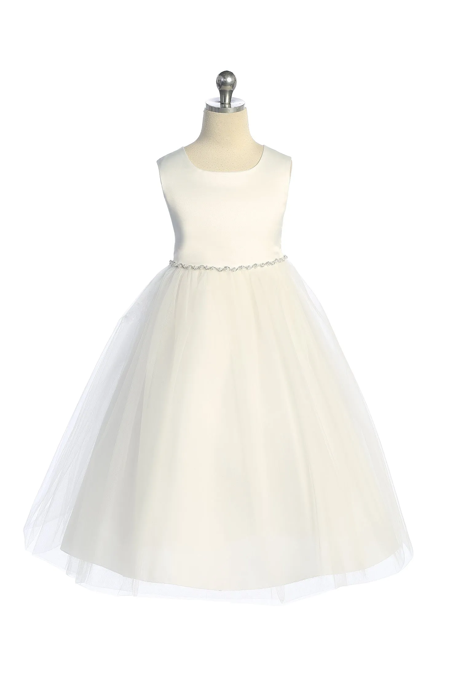 538-G- Satin Top Dress w/ Wavy Rhinestone & Pearl Trim