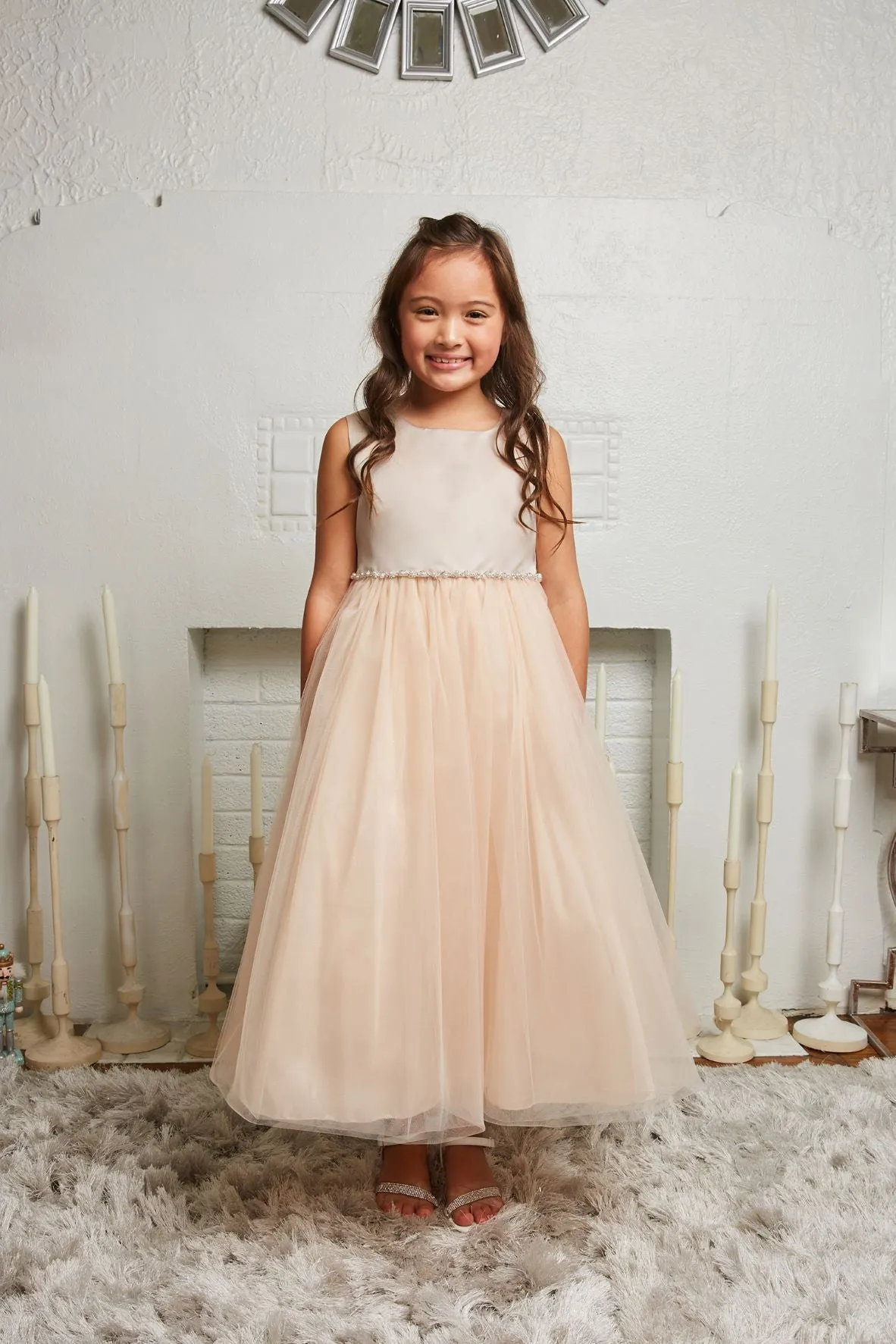 538-G- Satin Top Dress w/ Wavy Rhinestone & Pearl Trim