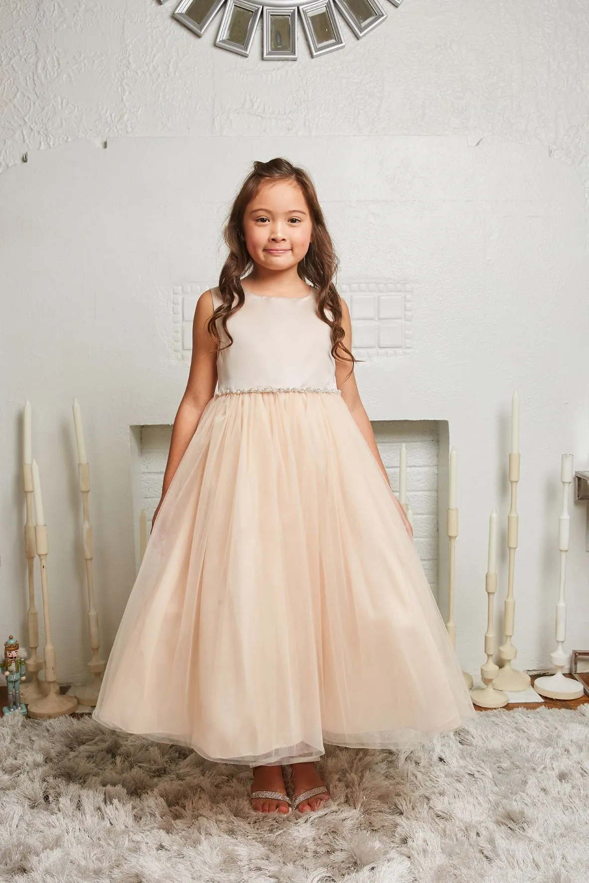 538-G- Satin Top Dress w/ Wavy Rhinestone & Pearl Trim