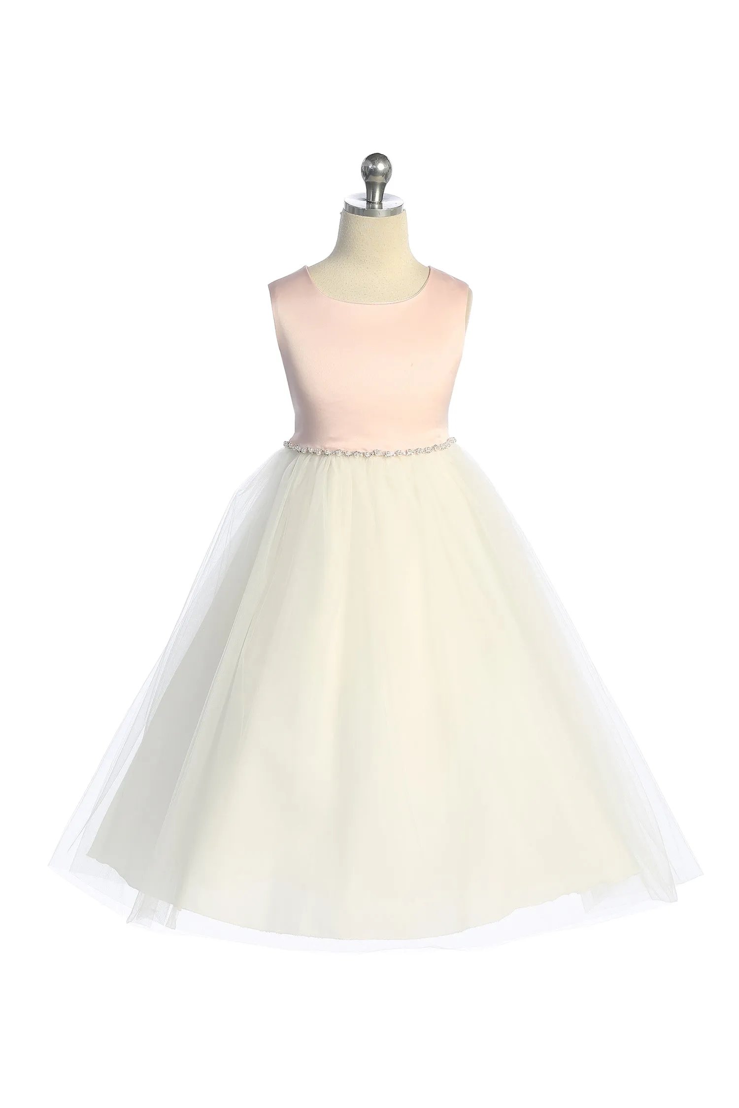 538-G- Satin Top Dress w/ Wavy Rhinestone & Pearl Trim