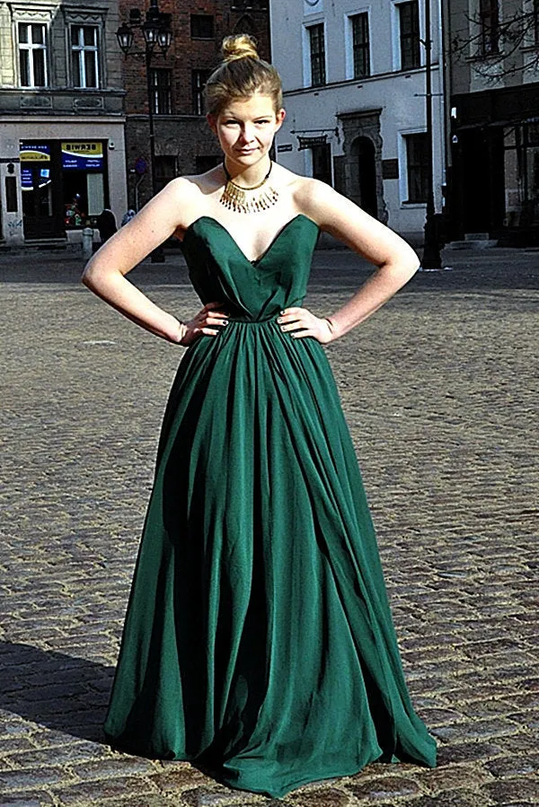 A-line Deep V-neck Floor Length Chiffon Backless Prom Dress