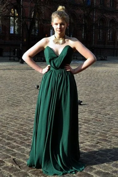 A-line Deep V-neck Floor Length Chiffon Backless Prom Dress
