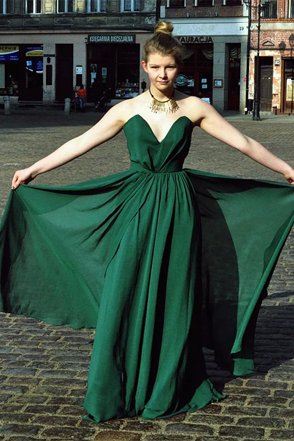 A-line Deep V-neck Floor Length Chiffon Backless Prom Dress