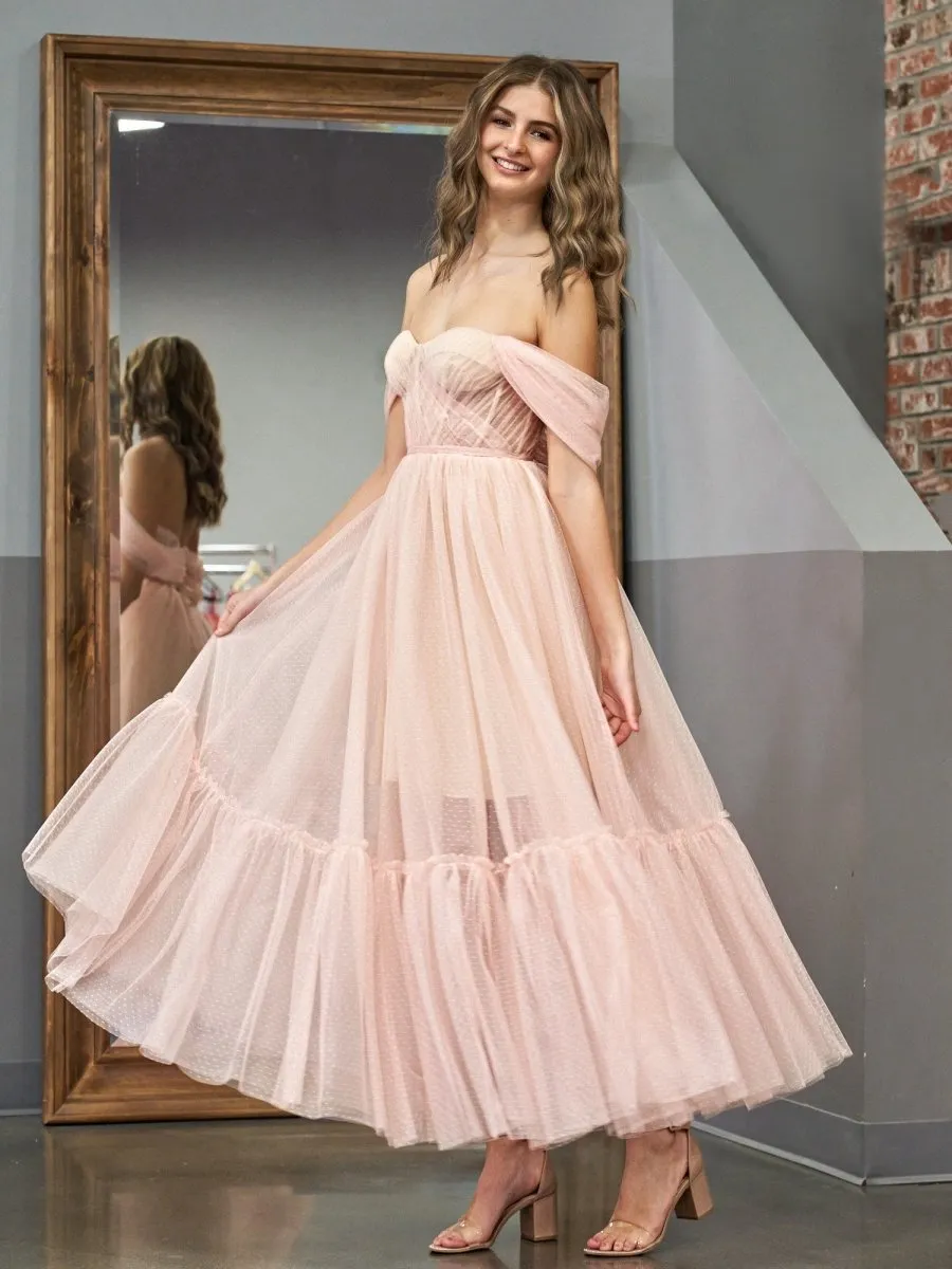 A-line Rose Tulle Sweetheart Tea-Length Prom Dresses