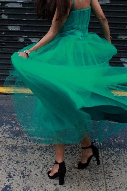 A-line Spaghetti Strap Floor Length Chapel Tulle Rhinestone Prom Dress