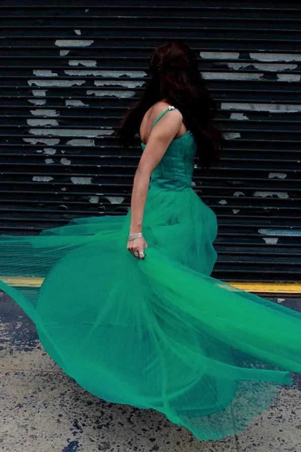 A-line Spaghetti Strap Floor Length Chapel Tulle Rhinestone Prom Dress