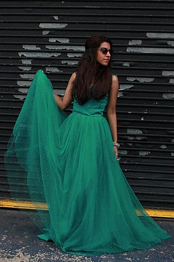 A-line Spaghetti Strap Floor Length Chapel Tulle Rhinestone Prom Dress