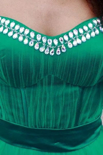 A-line Spaghetti Strap Floor Length Chapel Tulle Rhinestone Prom Dress