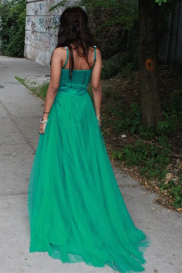 A-line Spaghetti Strap Floor Length Chapel Tulle Rhinestone Prom Dress
