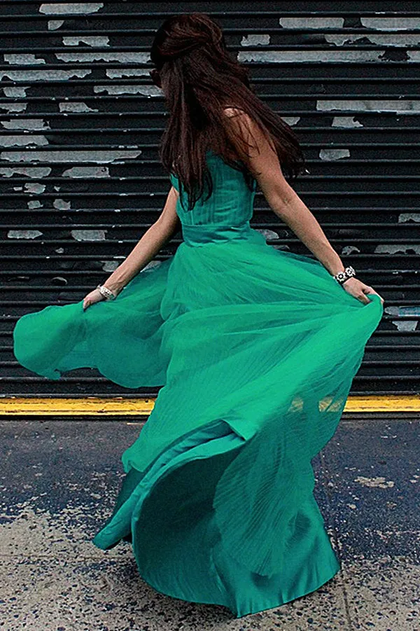 A-line Spaghetti Strap Floor Length Chapel Tulle Rhinestone Prom Dress