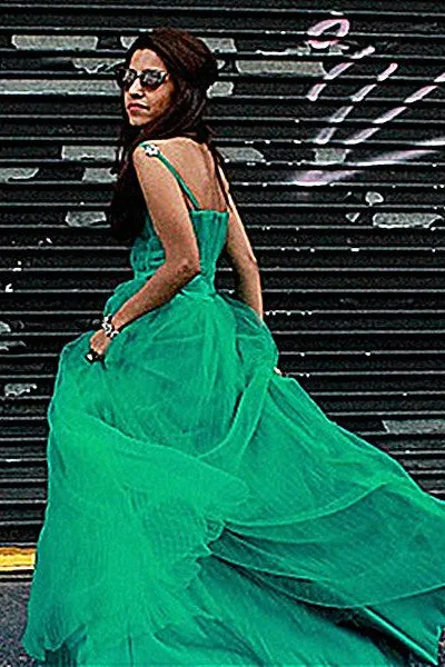 A-line Spaghetti Strap Floor Length Chapel Tulle Rhinestone Prom Dress