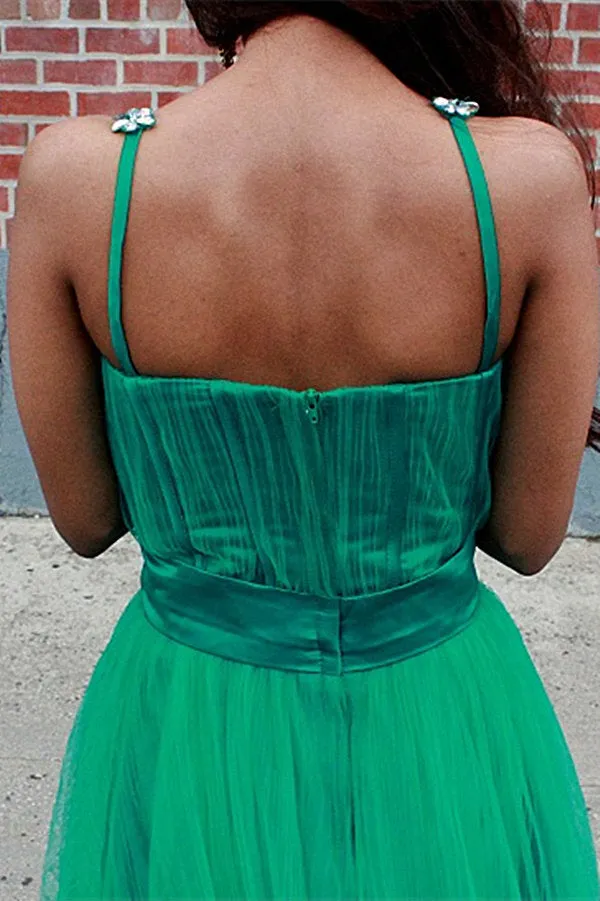 A-line Spaghetti Strap Floor Length Chapel Tulle Rhinestone Prom Dress