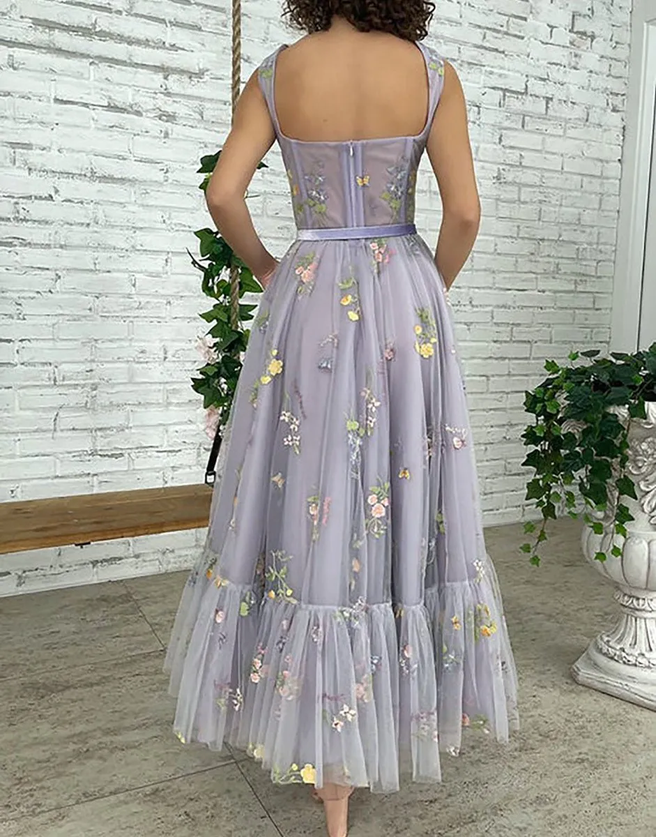 A-line Tea Length Tulle Prom Dresses with Embroidery