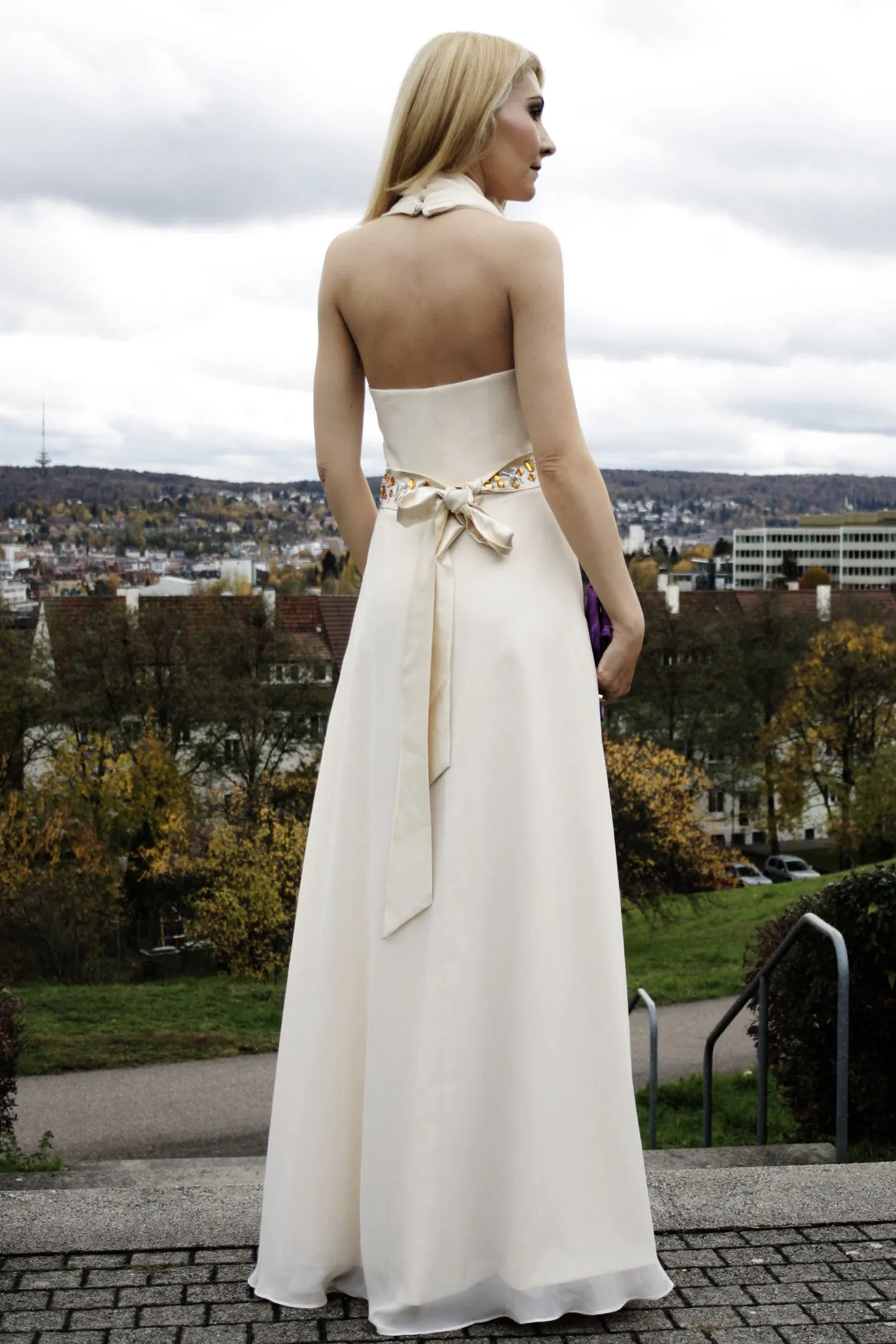 A-line V-neck Halt Floor Length Chiffon Rhinestone Evening Dress