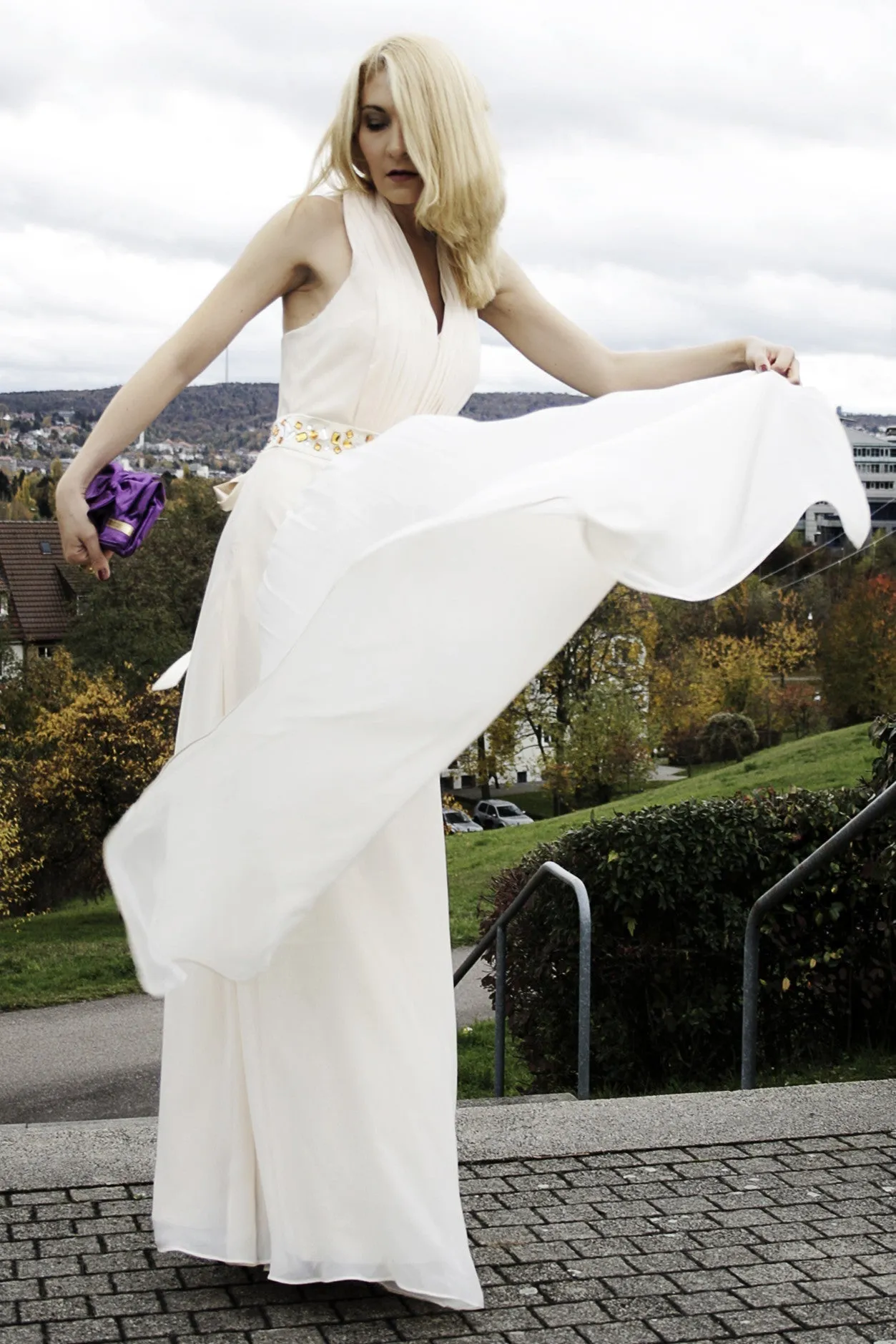 A-line V-neck Halt Floor Length Chiffon Rhinestone Evening Dress