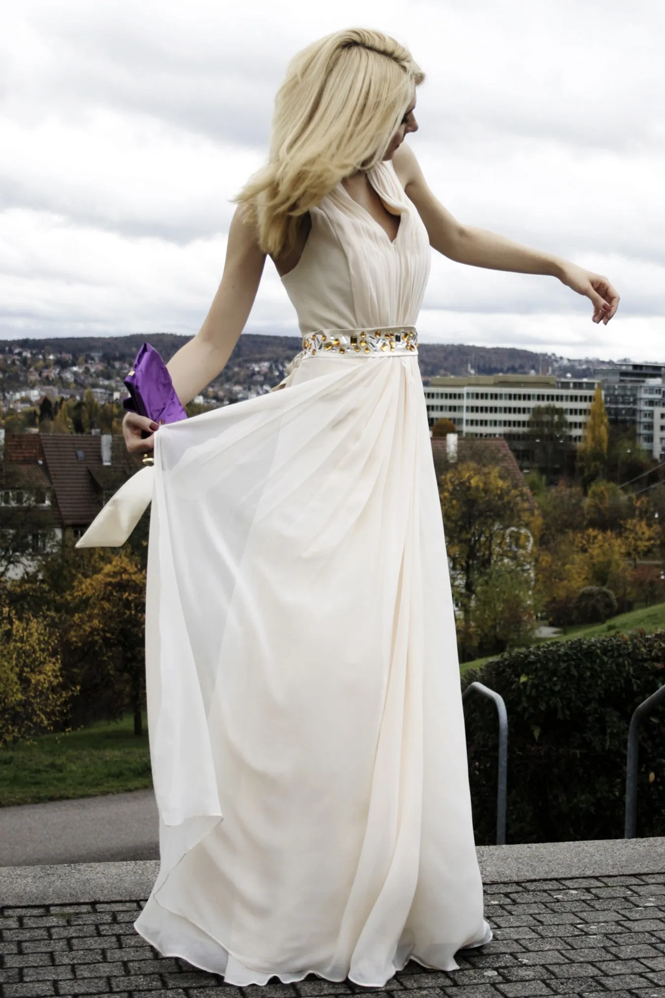 A-line V-neck Halt Floor Length Chiffon Rhinestone Evening Dress
