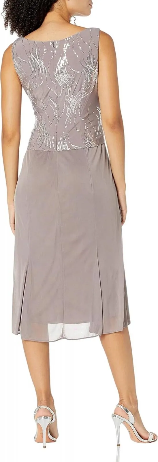 Alex Evenings Women's Tea Length Sequin Dress Pewter Brown / Frost 10