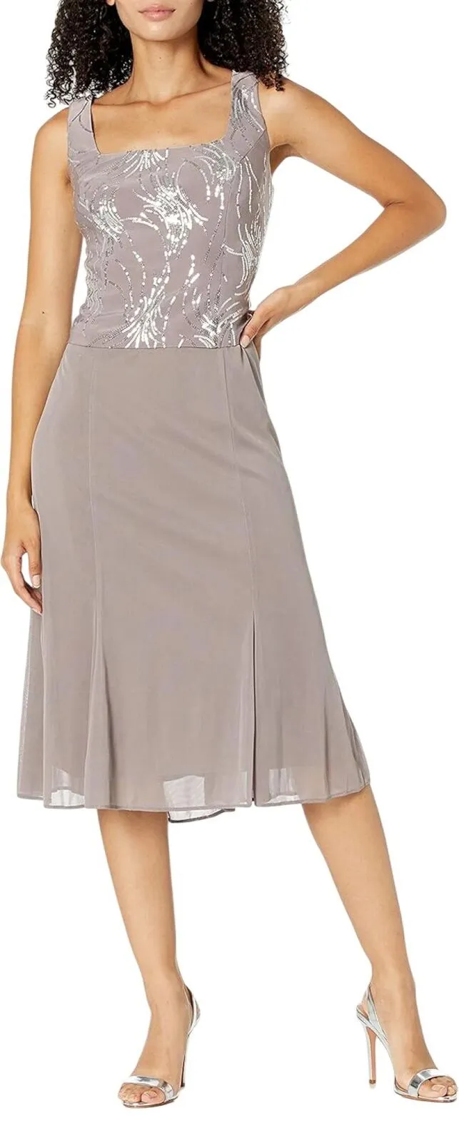 Alex Evenings Women's Tea Length Sequin Dress Pewter Brown / Frost 10
