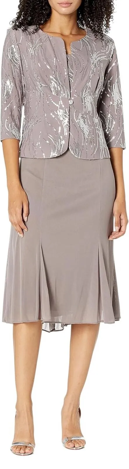 Alex Evenings Women's Tea Length Sequin Dress Pewter Brown / Frost 10