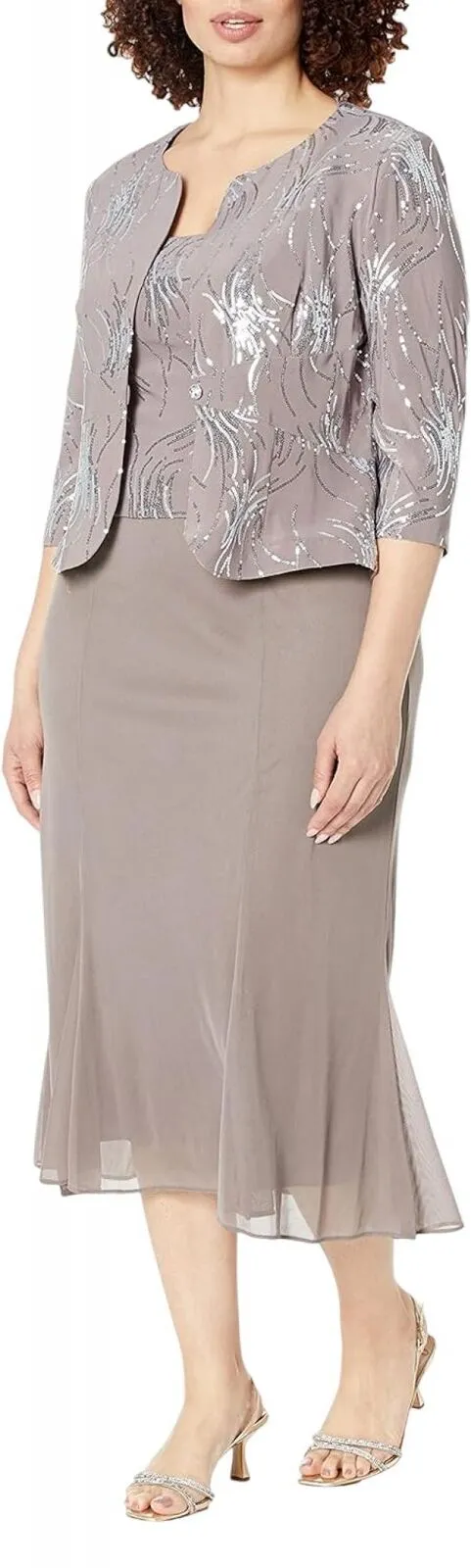 Alex Evenings Women's Tea Length Sequin Dress Pewter Brown / Frost 10