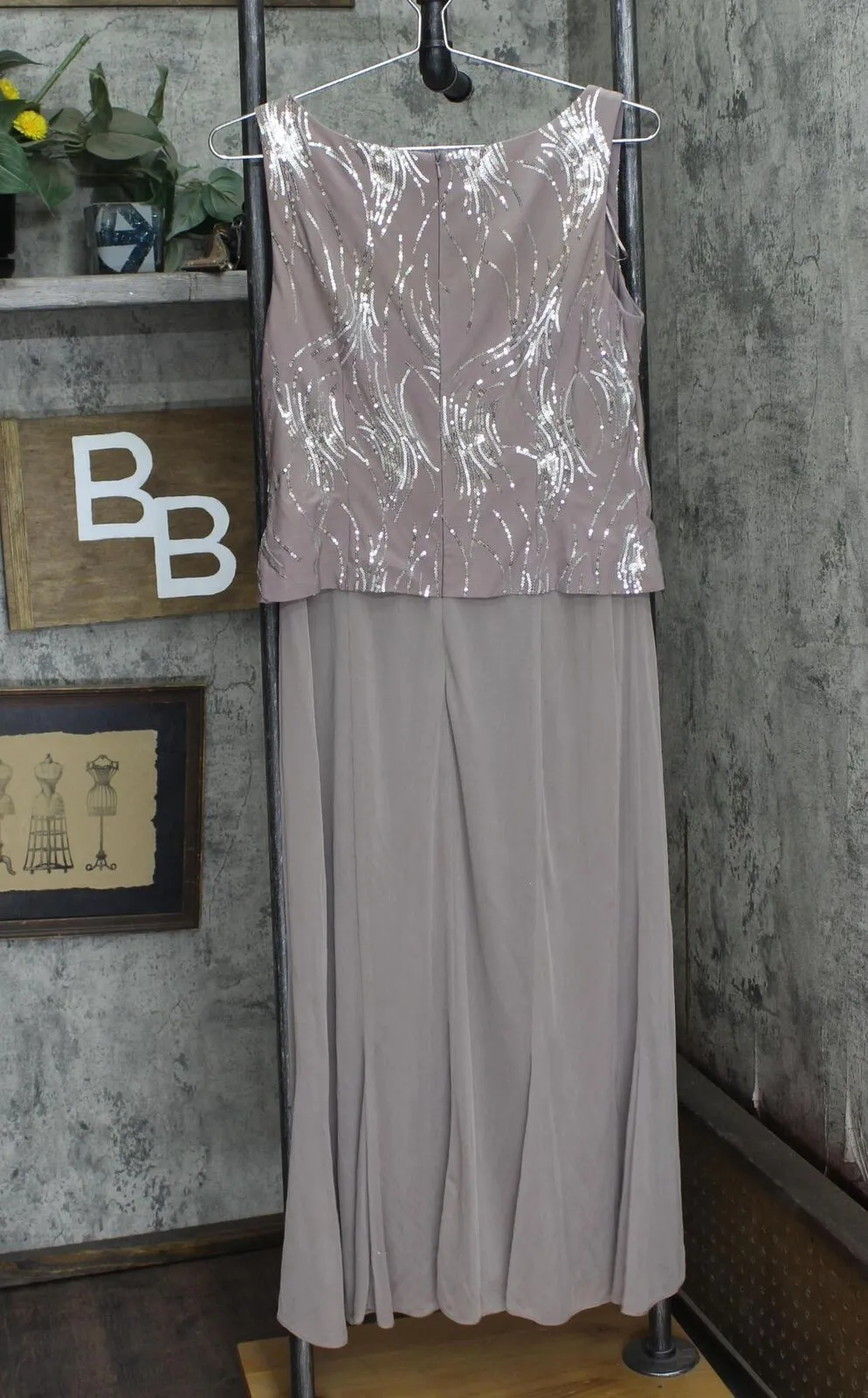 Alex Evenings Women's Tea Length Sequin Dress Pewter Brown / Frost 10