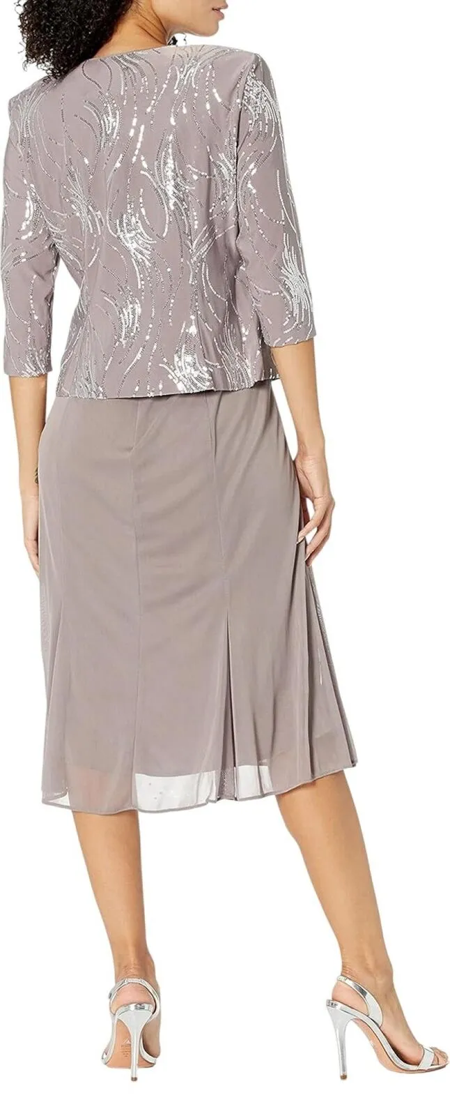 Alex Evenings Women's Tea Length Sequin Dress Pewter Brown / Frost 10