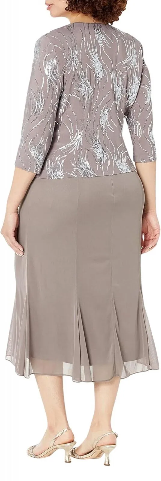 Alex Evenings Women's Tea Length Sequin Dress Pewter Brown / Frost 10