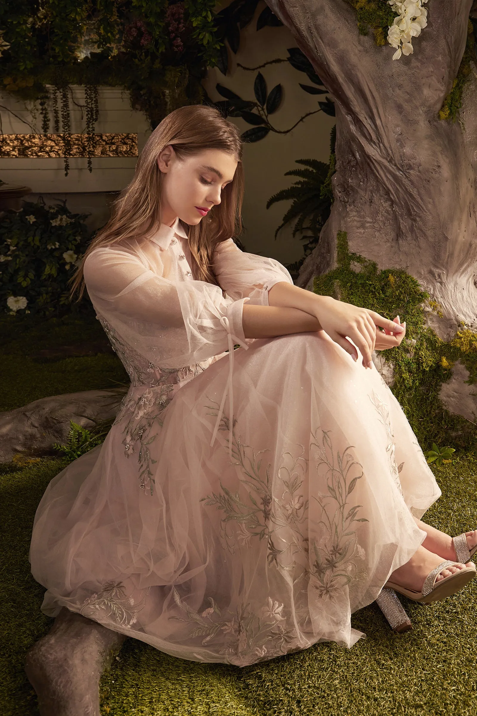 ANDREA & LEO A0862 Long Sleeve Lace Tulle Tea Length A Line Dress