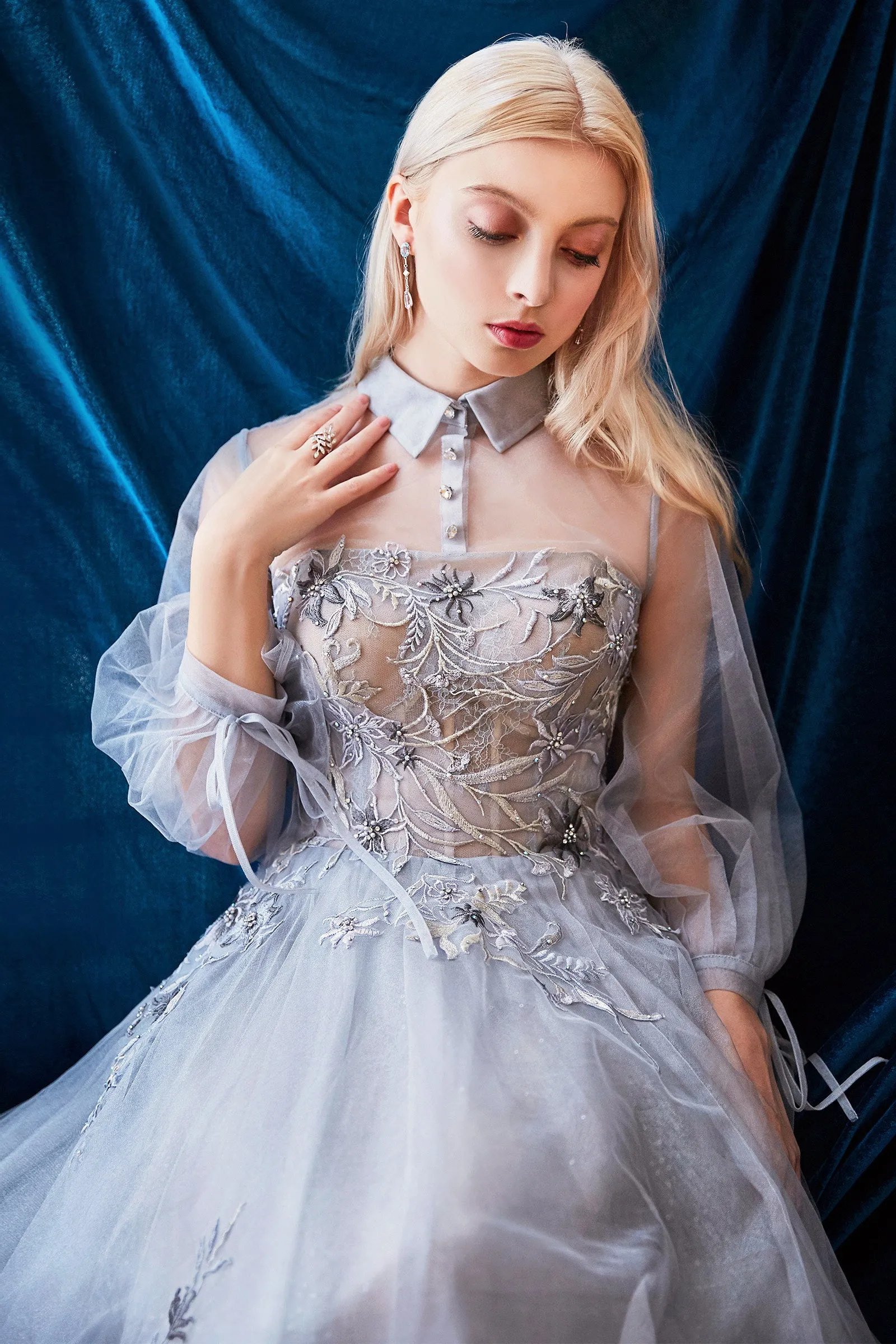 ANDREA & LEO A0862 Long Sleeve Lace Tulle Tea Length A Line Dress