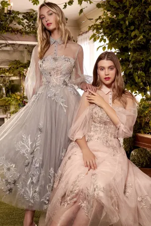 ANDREA & LEO A0862 Long Sleeve Lace Tulle Tea Length A Line Dress