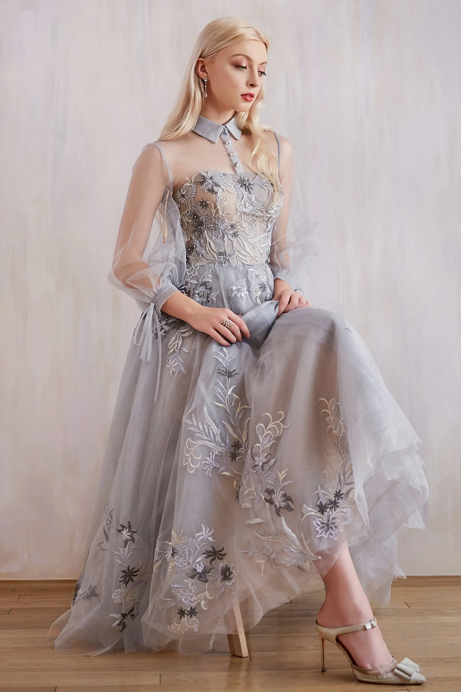 ANDREA & LEO A0862 Long Sleeve Lace Tulle Tea Length A Line Dress