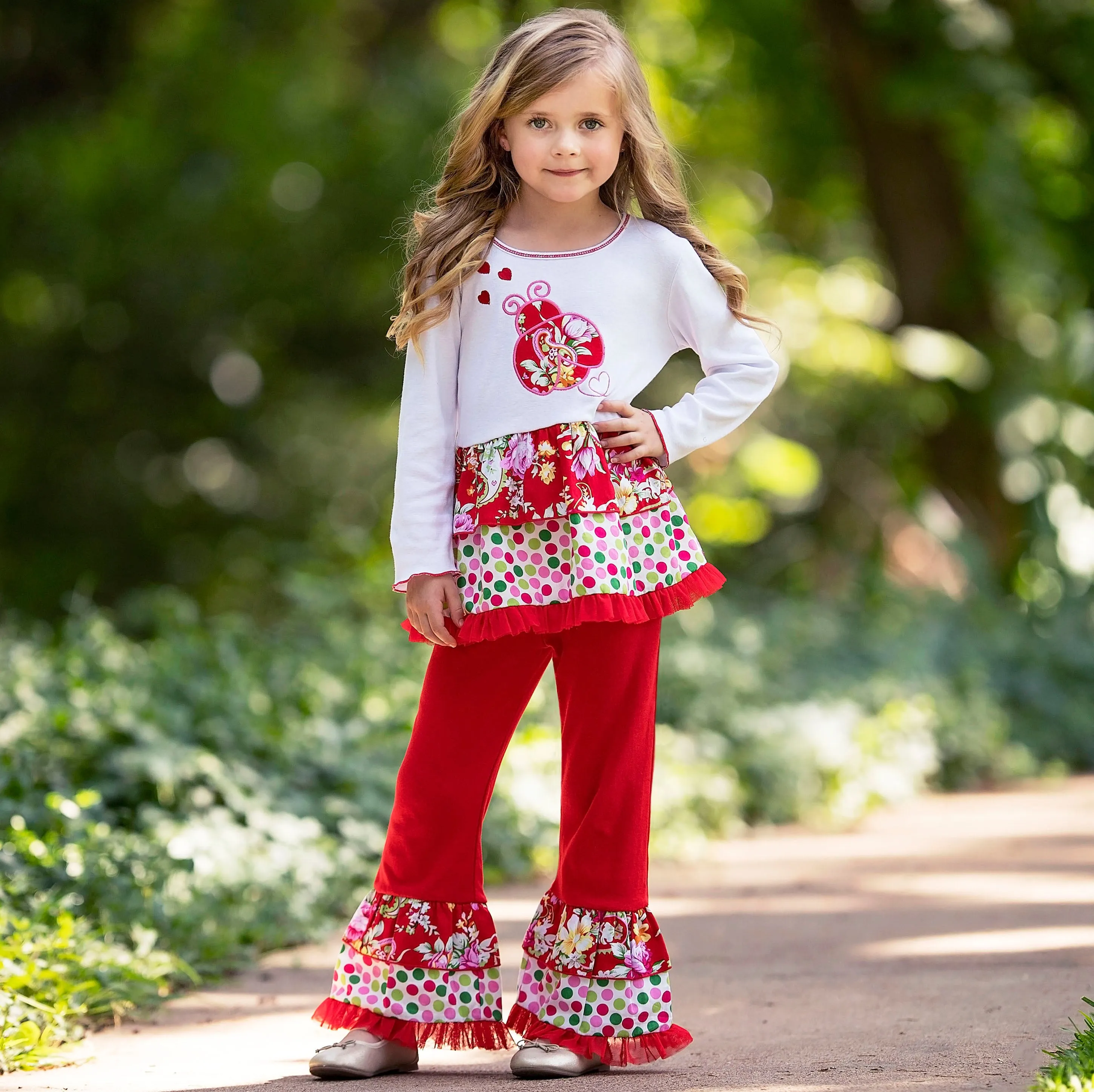 AnnLoren Girls Red Polka Dot & Floral Ladybug Holiday Rumba Set