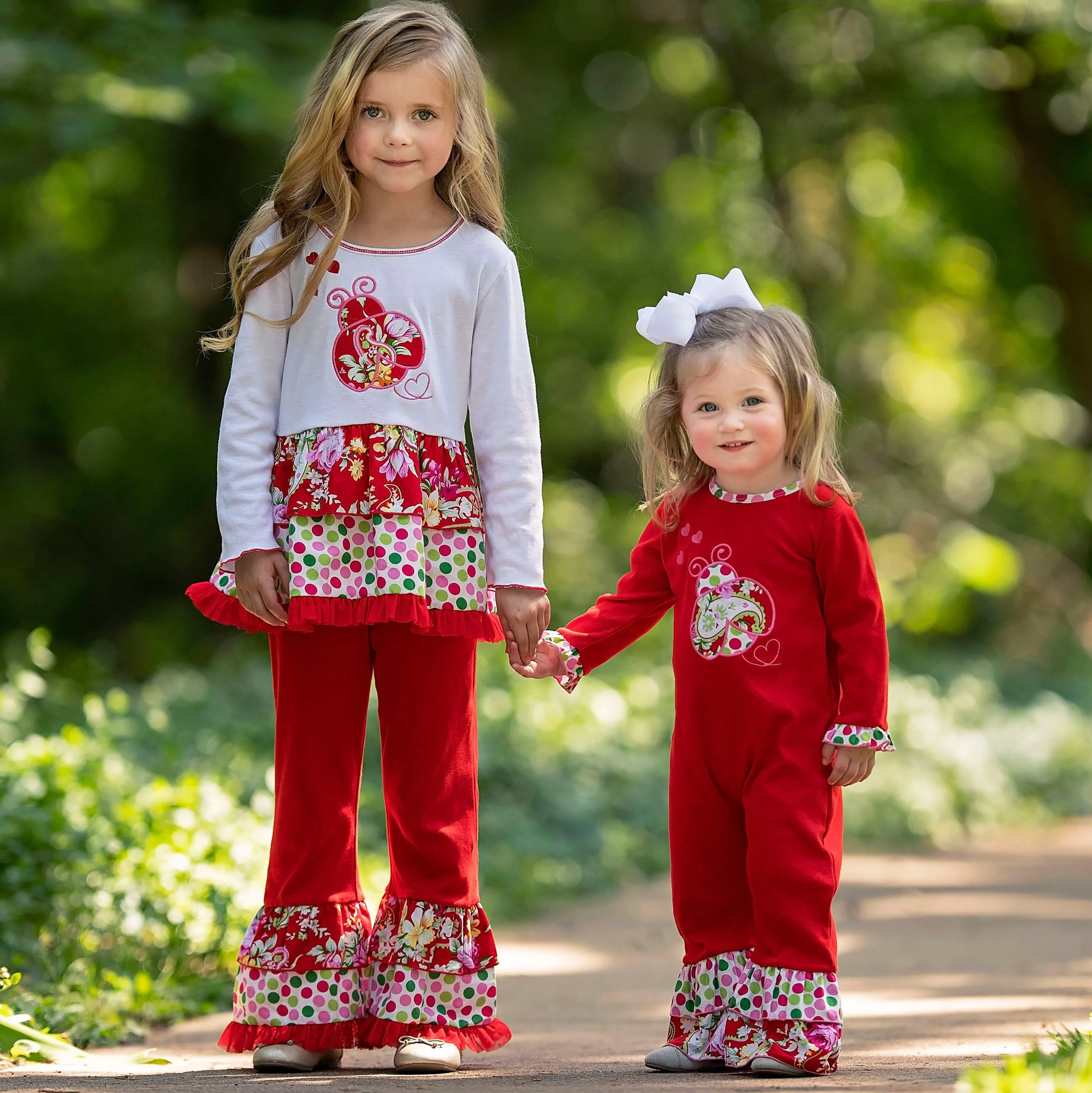 AnnLoren Girls Red Polka Dot & Floral Ladybug Holiday Rumba Set