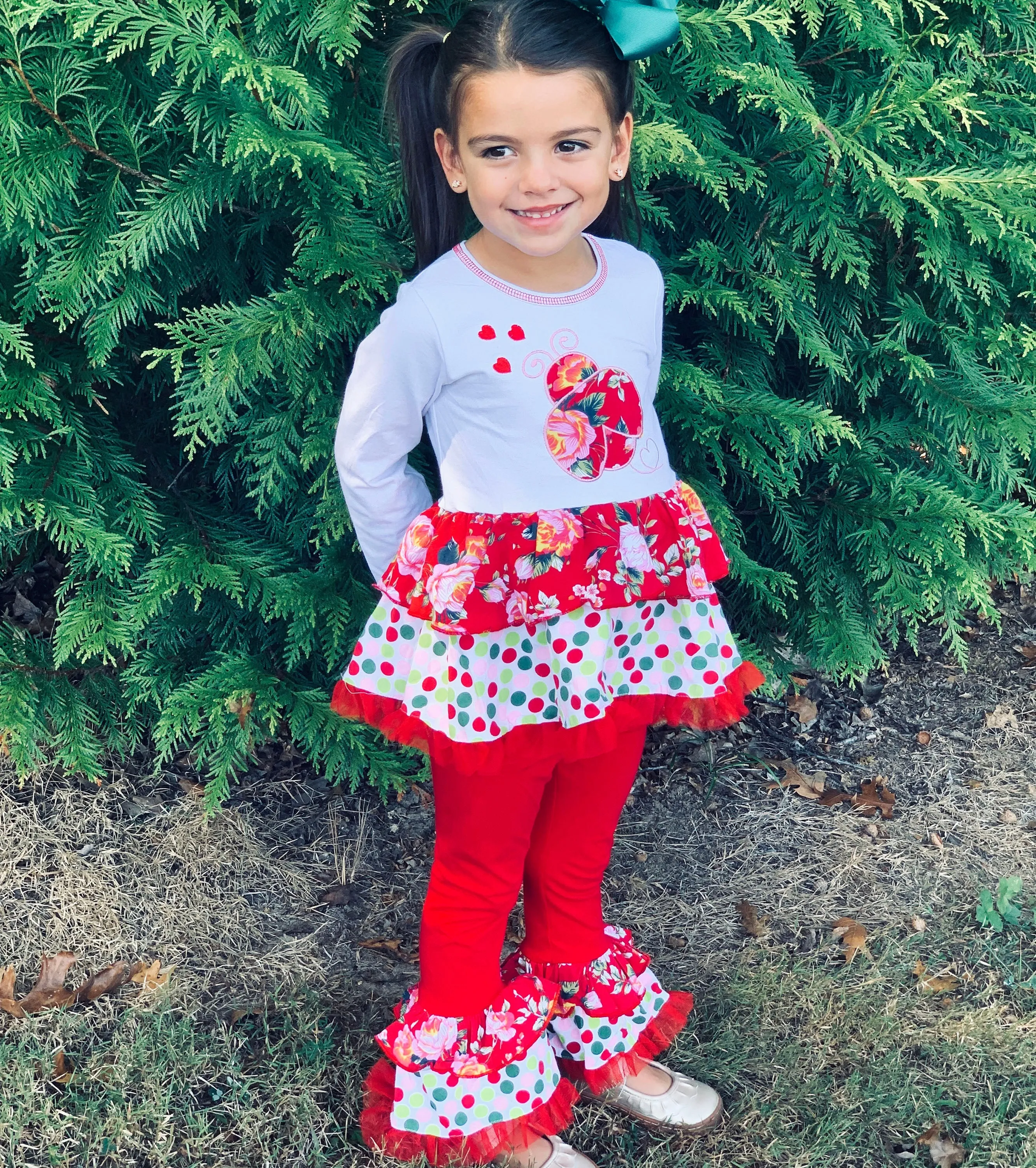 AnnLoren Girls Red Polka Dot & Floral Ladybug Holiday Rumba Set