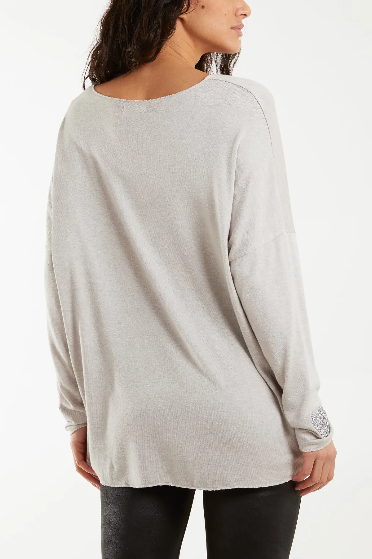 Appliqued Heart Sleeves Fine Knit Jumper