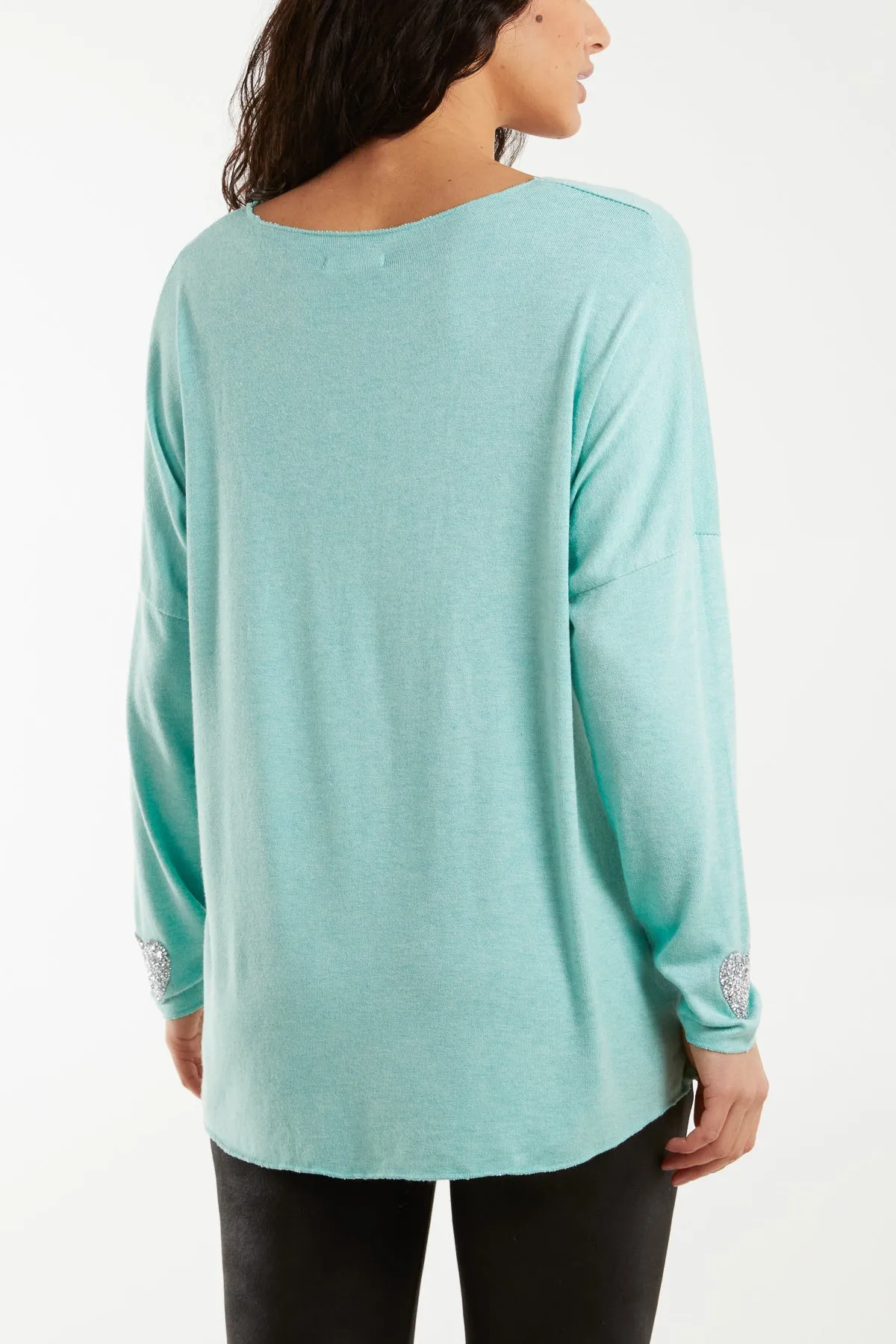 Appliqued Heart Sleeves Fine Knit Jumper