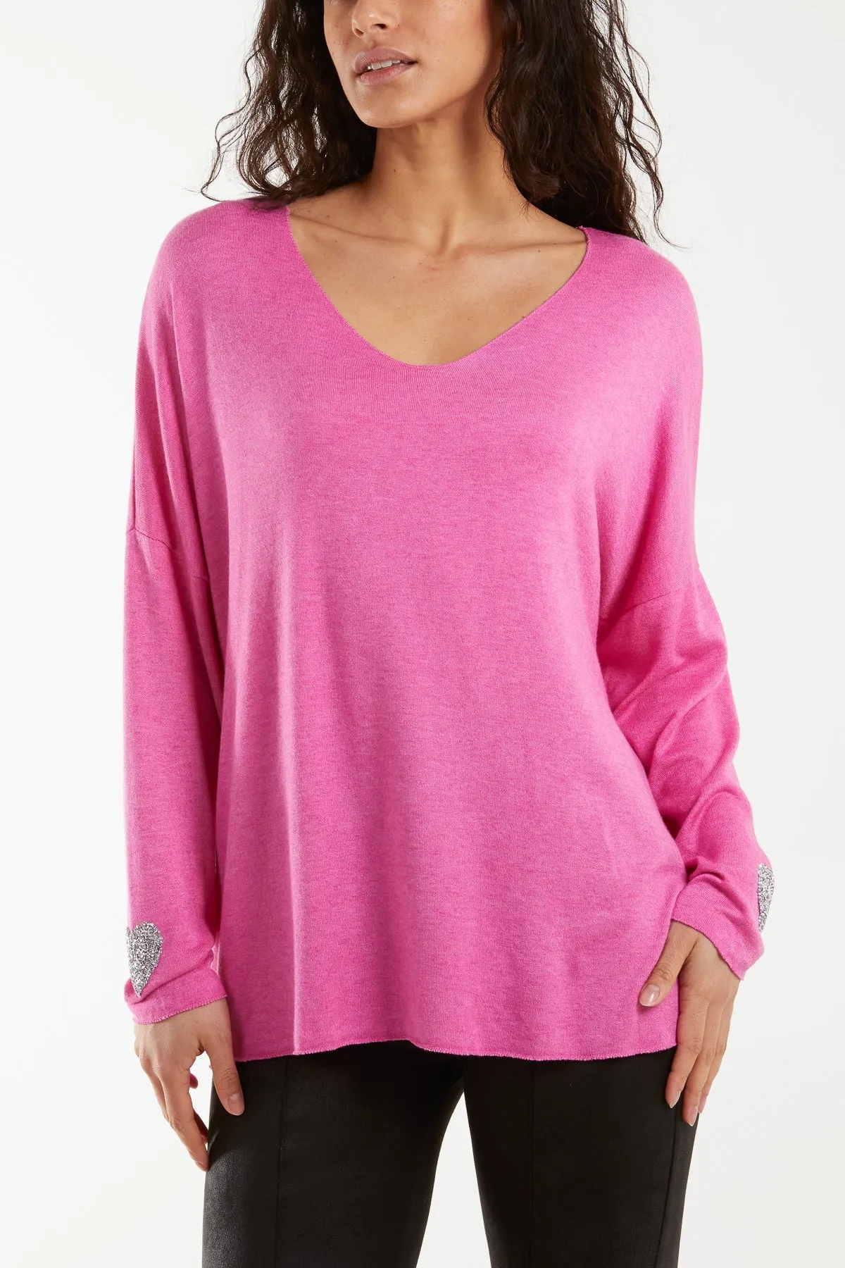 Appliqued Heart Sleeves Fine Knit Jumper