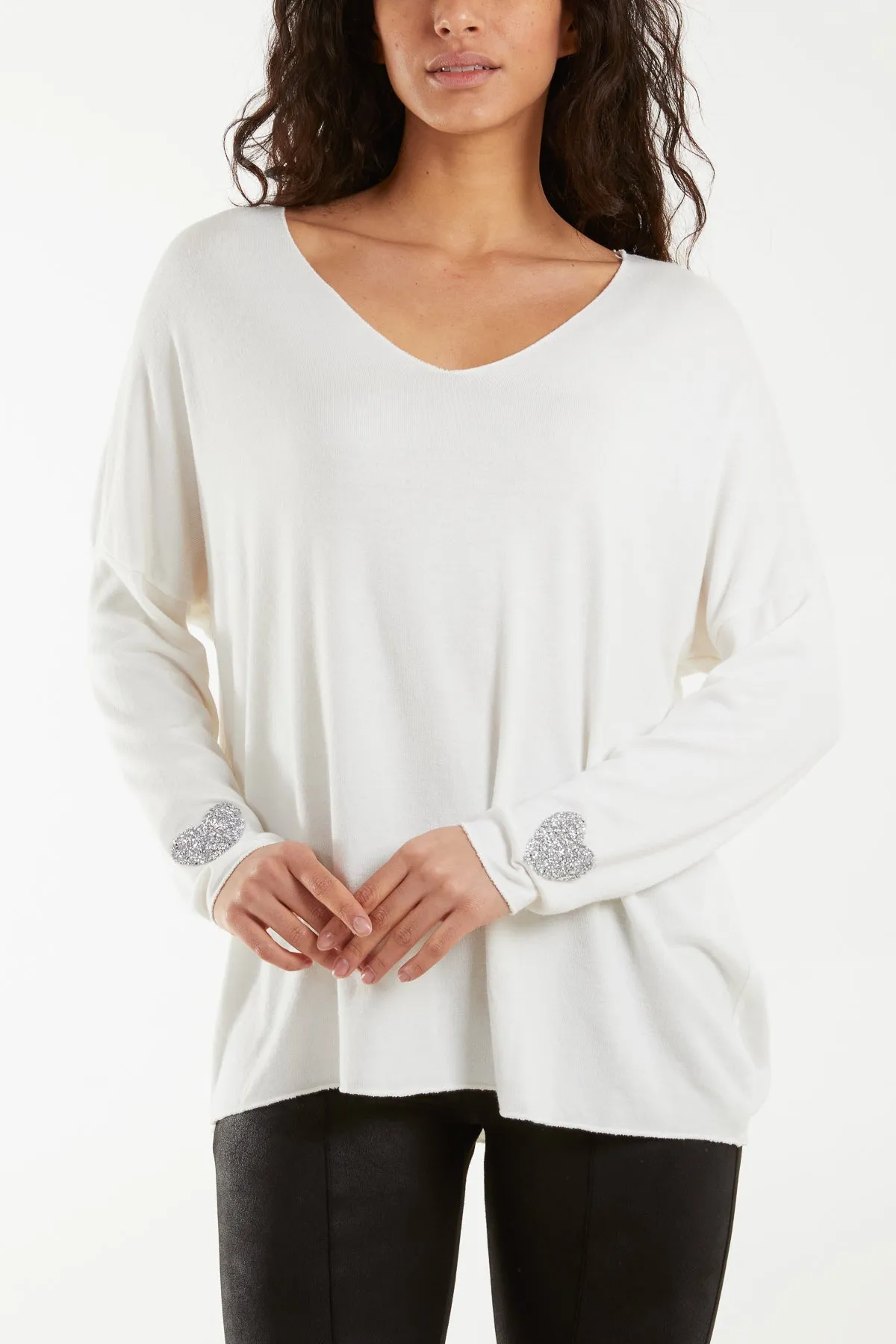 Appliqued Heart Sleeves Fine Knit Jumper